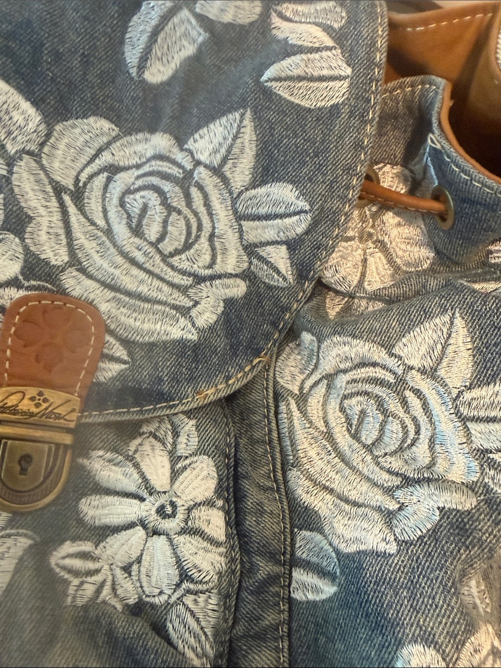 Patricia Nash Embroidered Denim and Leather Floral Drawstring Backpack - Picture 10 of 10